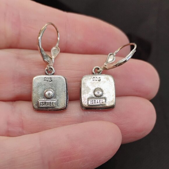 "B" Israel Hand Hammered Sterling Silver 925 Faceted Pink Rose Quartz Earrings - Picture 5 of 7